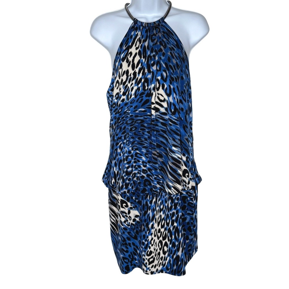 Laundry by Shelli Segal Blue Leopard Metal Halter Mini Dress 12 Drop Waist‎ NWT